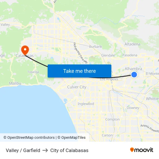 Valley / Garfield to City of Calabasas map