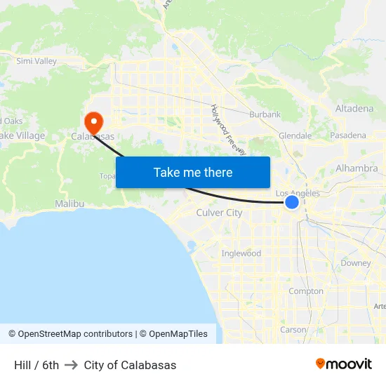 Hill / 6th to City of Calabasas map