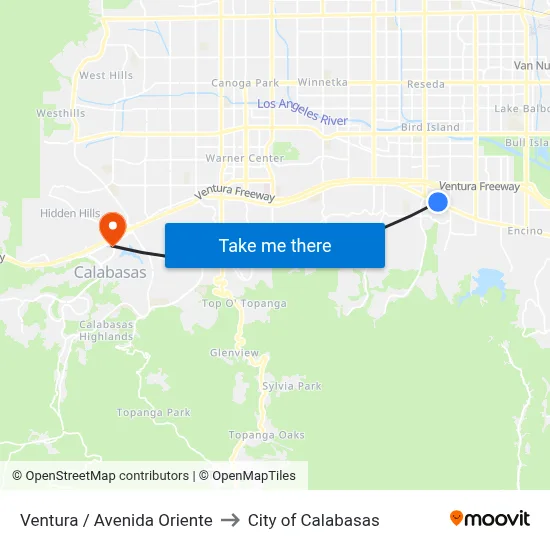 Ventura / Avenida Oriente to City of Calabasas map