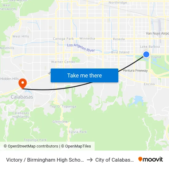 Victory / Birmingham High School to City of Calabasas map