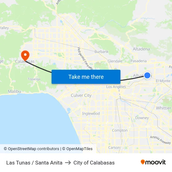 Las Tunas / Santa Anita to City of Calabasas map
