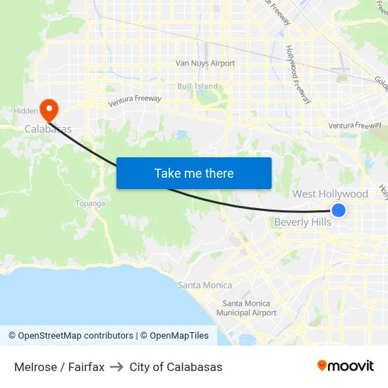 Melrose / Fairfax to City of Calabasas map