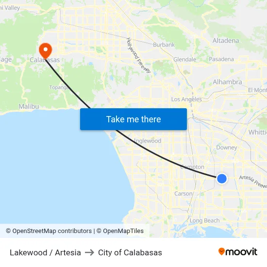 Lakewood / Artesia to City of Calabasas map