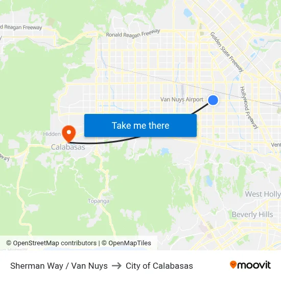 Sherman Way / Van Nuys to City of Calabasas map