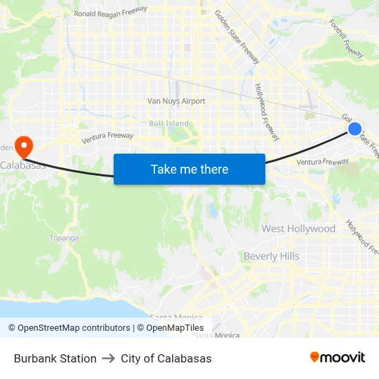 Burbank Station to City of Calabasas map
