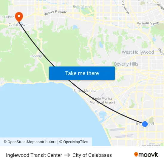 Inglewood Transit Center to City of Calabasas map