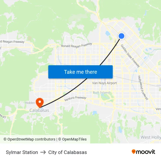 Sylmar Station to City of Calabasas map