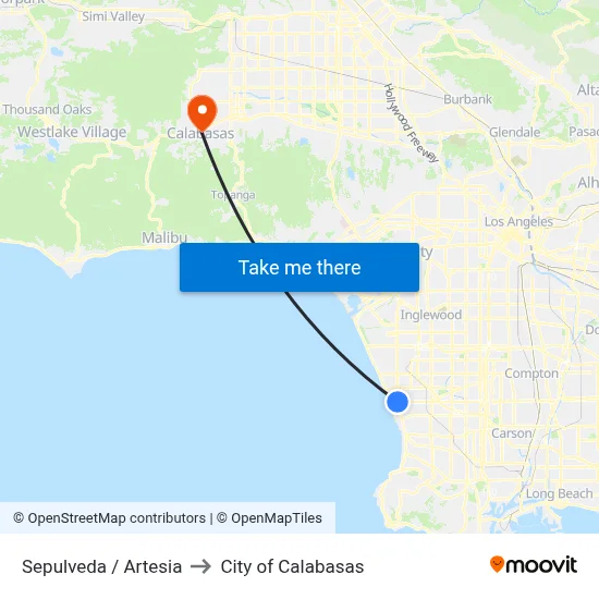 Sepulveda / Artesia to City of Calabasas map