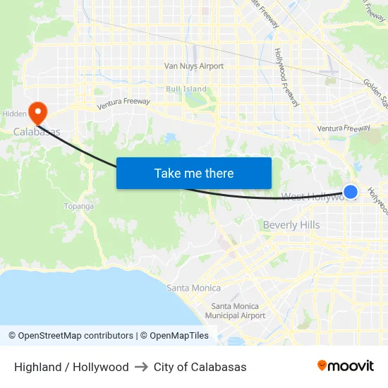 Highland / Hollywood to City of Calabasas map