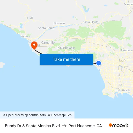 Bundy Dr & Santa Monica Blvd to Port Hueneme, CA map
