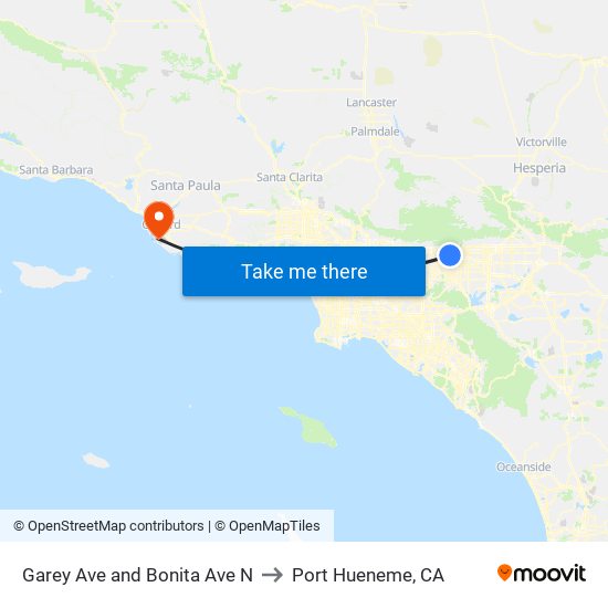 Garey Ave and Bonita Ave N to Port Hueneme, CA map