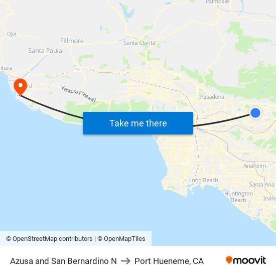 Azusa and San Bernardino N to Port Hueneme, CA map
