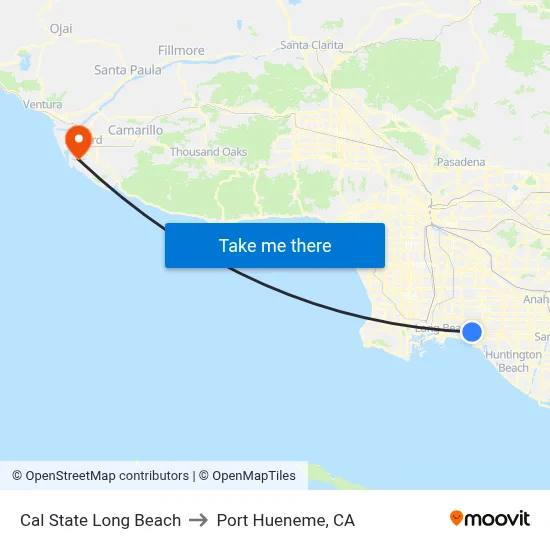 Cal State Long Beach to Port Hueneme, CA map