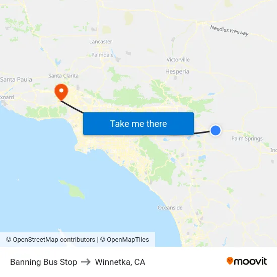 Banning Bus Stop to Winnetka, CA map