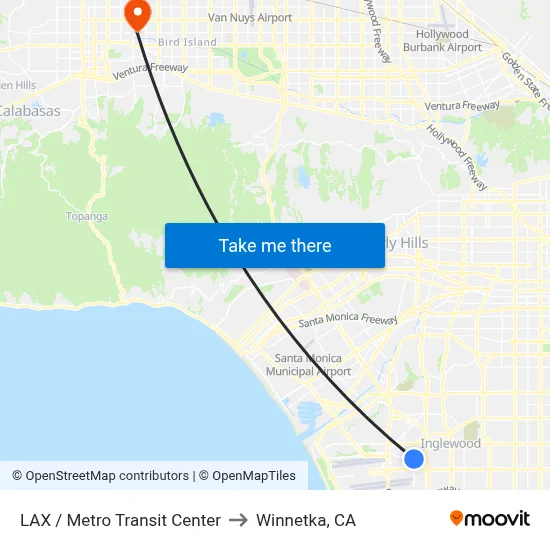LAX / Metro Transit Center to Winnetka, CA map
