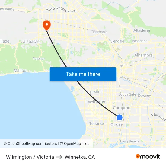 Wilmington / Victoria to Winnetka, CA map