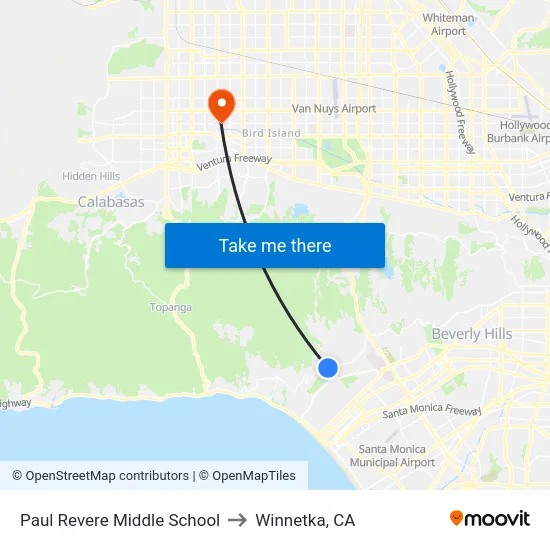 Paul Revere Middle School to Winnetka, CA map