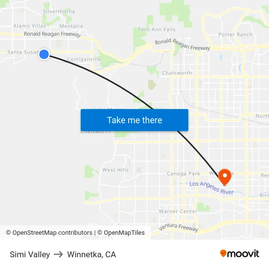 Simi Valley to Winnetka, CA map