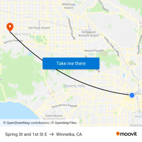 Spring St and 1st St E to Winnetka, CA map