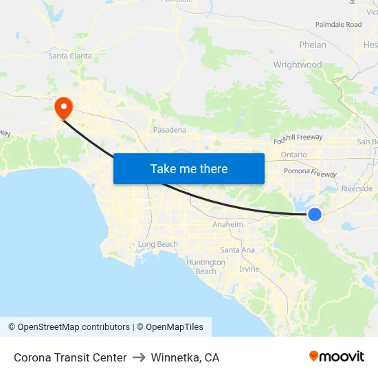 Corona Transit Center to Winnetka, CA map