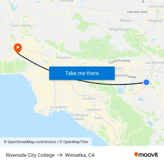 Riverside City College to Winnetka, CA map