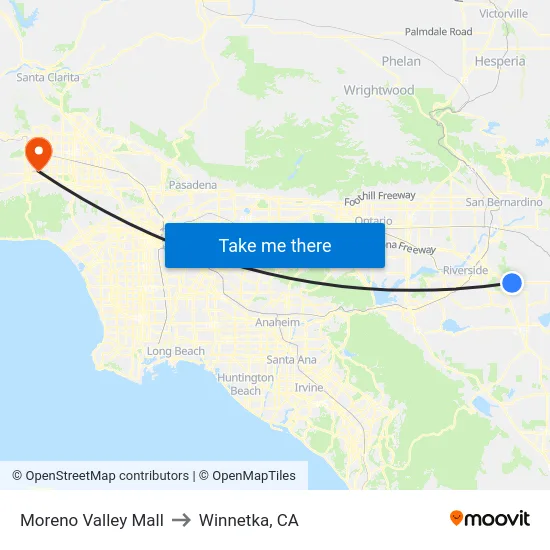 Moreno Valley Mall to Winnetka, CA map