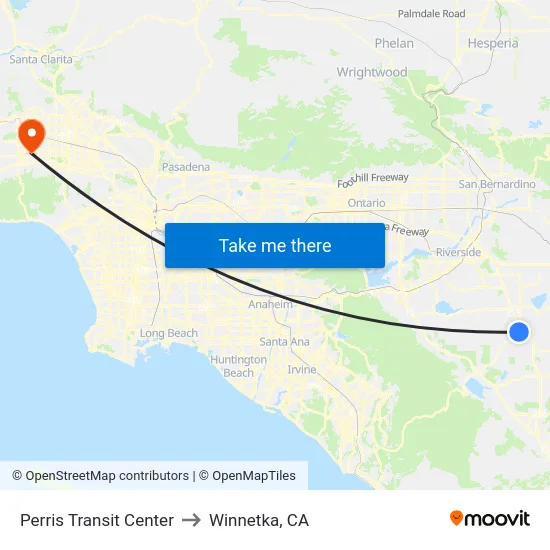 Perris Transit Center to Winnetka, CA map
