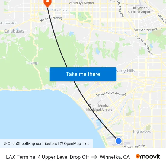 LAX Terminal 4 Upper Level Drop Off to Winnetka, CA map