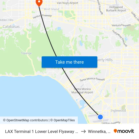 LAX Terminal 1 Lower Level Flyaway Stop to Winnetka, CA map