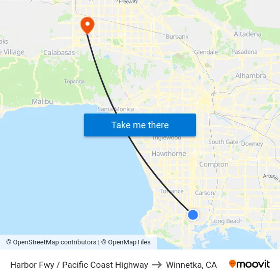 Harbor Fwy / Pacific Coast Highway to Winnetka, CA map