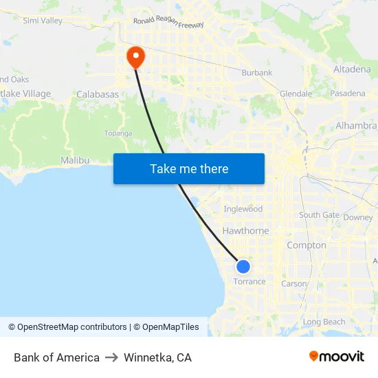Bank of America to Winnetka, CA map
