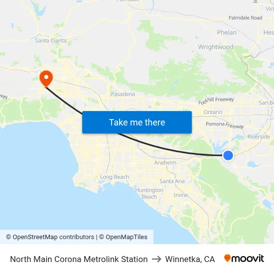 North Main Corona Metrolink Station to Winnetka, CA map