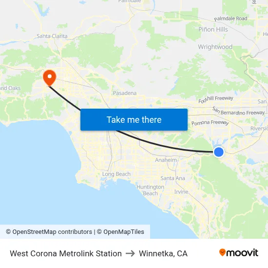 West Corona Metrolink Station to Winnetka, CA map
