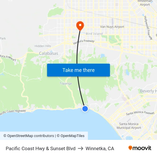 Pacific Coast Hwy & Sunset Blvd to Winnetka, CA map