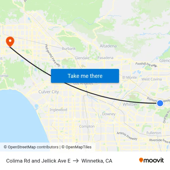 Colima Rd and Jellick Ave E to Winnetka, CA map