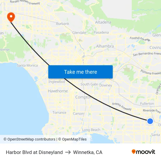 Harbor Blvd at Disneyland to Winnetka, CA map