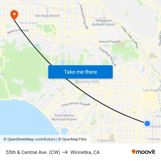 55th & Central Ave. (CW) to Winnetka, CA map