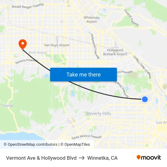Vermont Ave & Hollywood Blvd to Winnetka, CA map