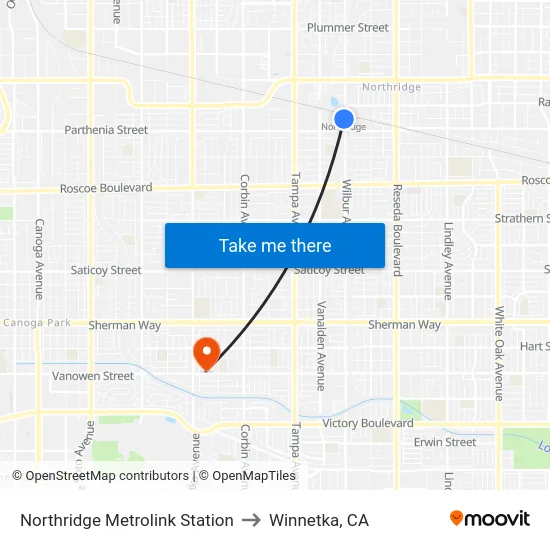 Northridge Metrolink Station to Winnetka, CA map