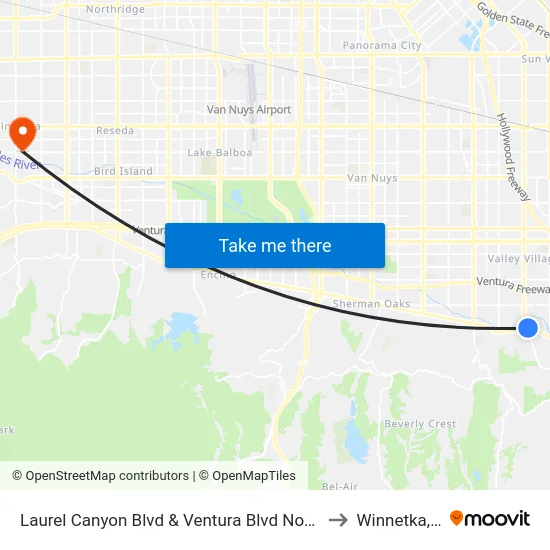 Laurel Canyon Blvd & Ventura Blvd Northbound to Winnetka, CA map