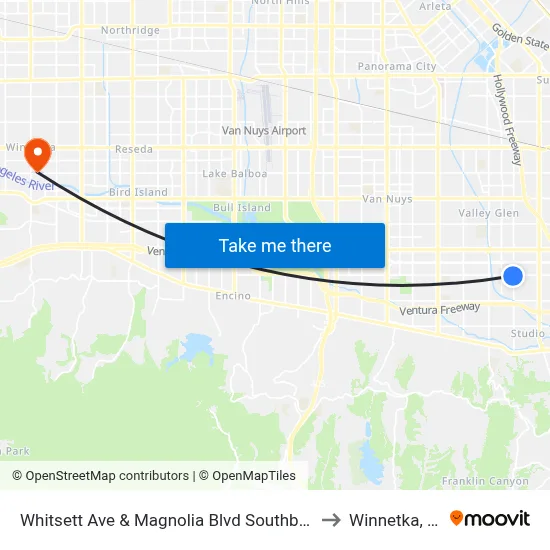 Whitsett Ave & Magnolia Blvd Southbound to Winnetka, CA map