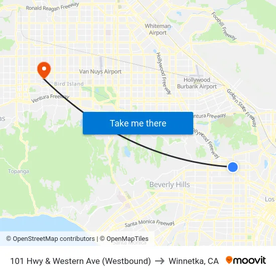 101 Hwy & Western Ave (Westbound) to Winnetka, CA map