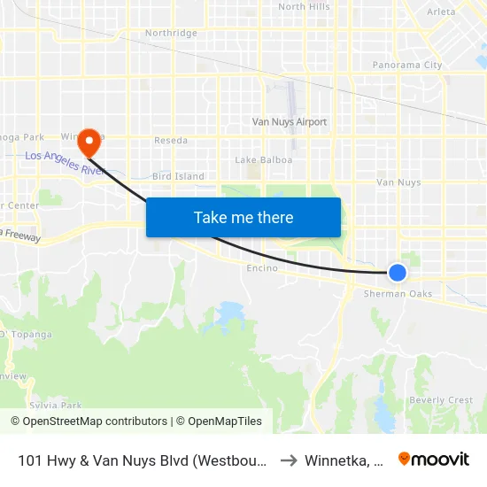 101 Hwy & Van Nuys Blvd (Westbound) to Winnetka, CA map