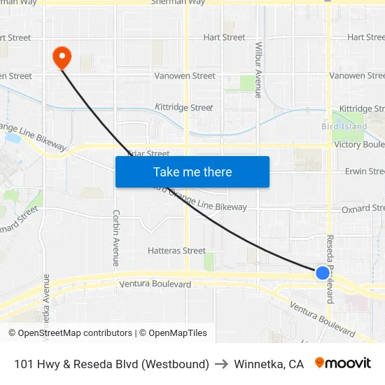 101 Hwy & Reseda Blvd (Westbound) to Winnetka, CA map