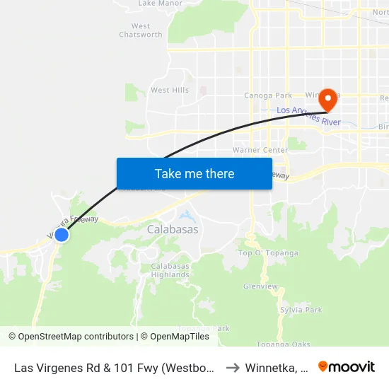 Las Virgenes Rd & 101 Fwy (Westbound) to Winnetka, CA map
