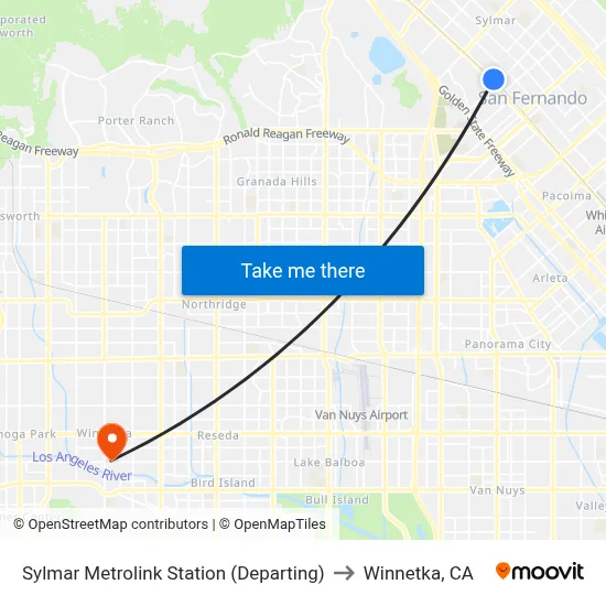 Sylmar Metrolink Station (Departing) to Winnetka, CA map