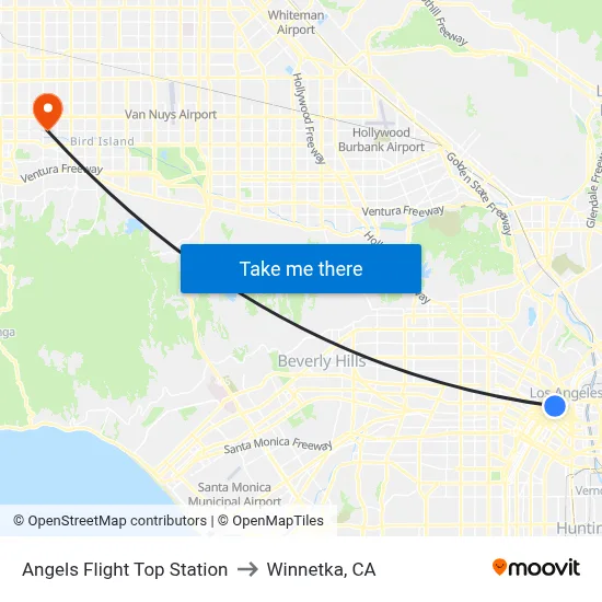 Angels Flight Top Station to Winnetka, CA map