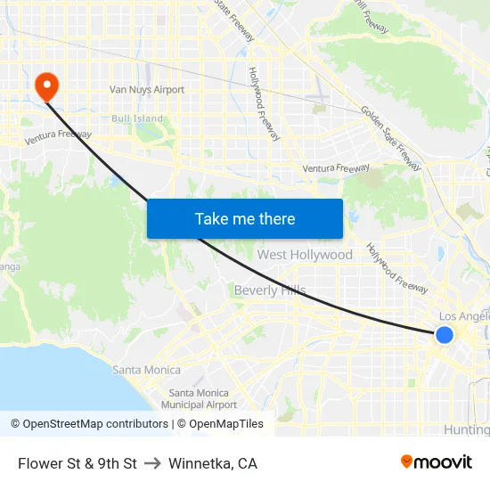 Flower St & 9th St to Winnetka, CA map