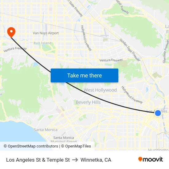 Los Angeles St & Temple St to Winnetka, CA map