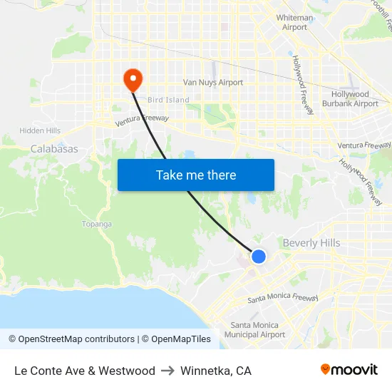 Le Conte Ave & Westwood to Winnetka, CA map